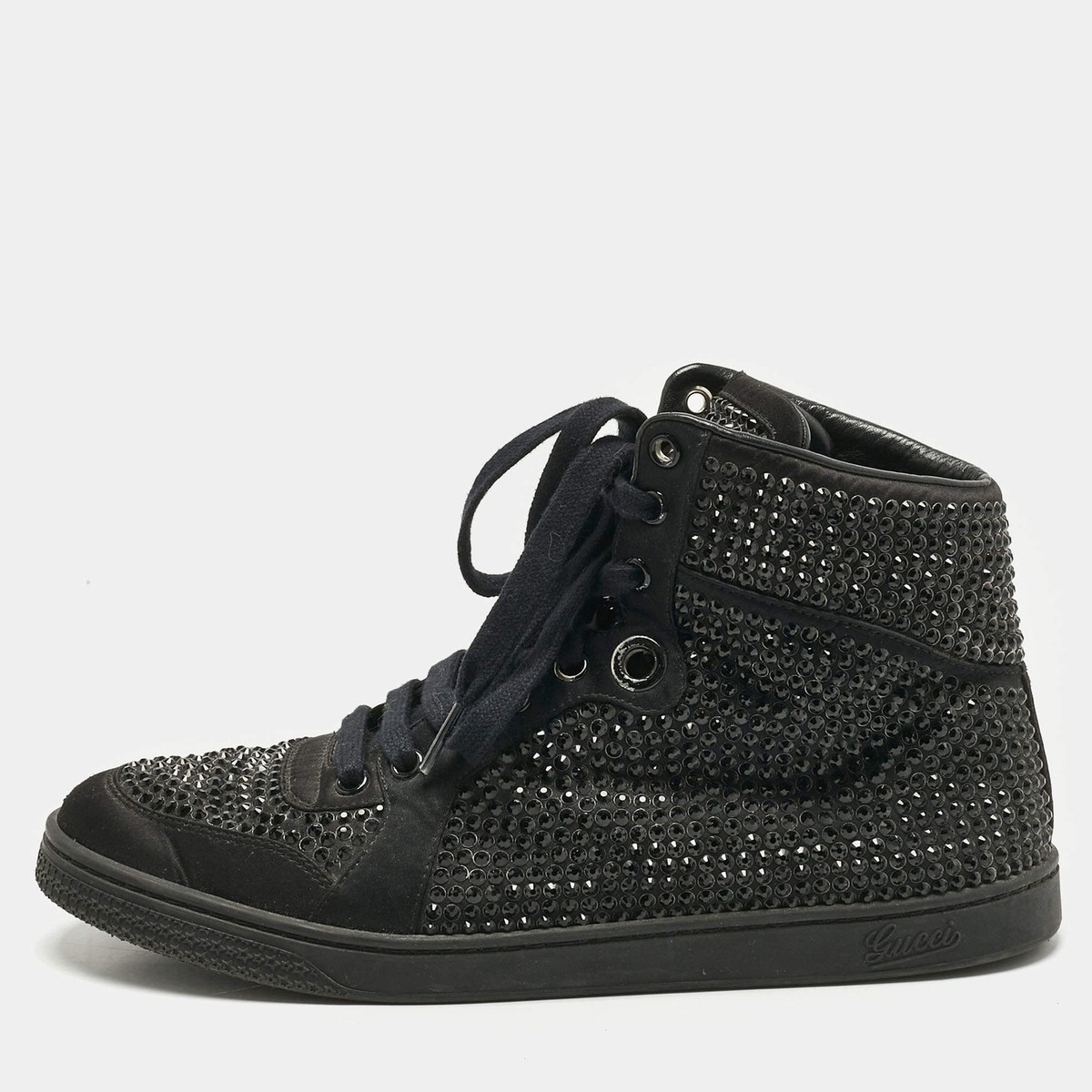 Gucci Black Satin Crystal Embellished Coda High Top Sneakers Size
