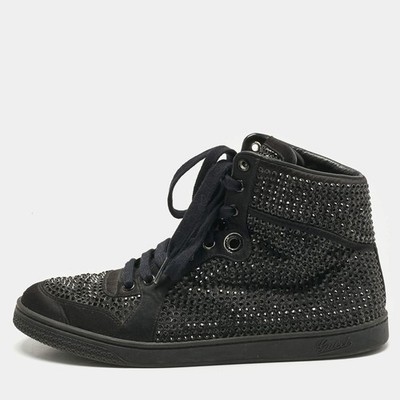 Gucci Black Satin Crystal Embellished Coda High Top Sneakers Size