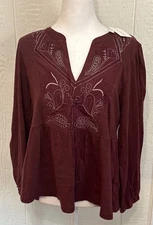 Lucky Brand NWT Embroidered Tunic Top Medium Burgundy Boho Peasant Holiday Gift