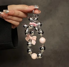 Adorable Pink Bow Silver Dog Beaded Metallic Phone Bag Charm Strap Wristlet 