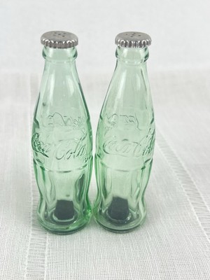 Coca-Cola Glass Bottle Salt Pepper Shakers Set Green Coke 4.5  Vintage Style