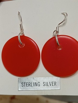 VINTAGE BAKELITE Swatch TRANSLUCENT RED DROP EARRINGS New Sterling Silver 925 