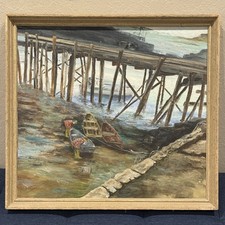 FLORA E. SCHAIFER - c1940s Seascape Oil Painting w/ Pier "Cape Porpoise, Maine"