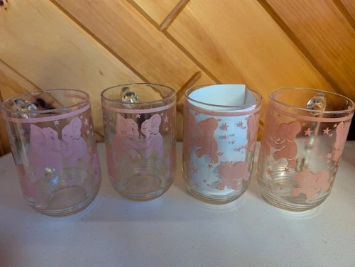 Vintage Hazel Atlas Pink Dancing Elephant Star Glass 6" Mugs 1940s Set of 4