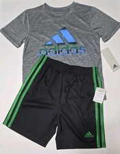 Adidas Boys 2-Piece Set Gray Graphic T-Shirt Black Green Shorts NWT Size 5