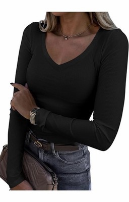 Roselux Women Long Sleeve Scoop Neck Ribbed Knit Fitted Casual Tops  Large Blk