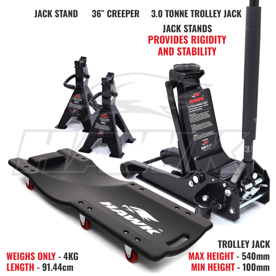 HAWK 3T 3 TONNE HYDRAULIC CAR TROLLEY JACK WITH 36" CREEPER & x2 AXLE STANDS