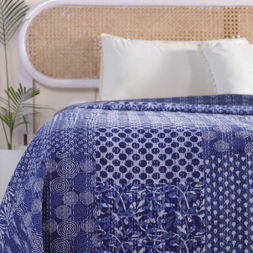 Handmade Indigo Blue Kantha Quilt Patchwork Throw Blanket 100% Cotton Bedspread - Picture 6 of 9