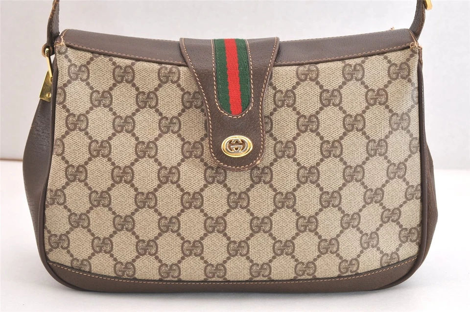 Auténtico Bolso de Mano GUCCI Web Línea Jerez GG PVC Cuero Marrón 4052N Foto 2 de 4