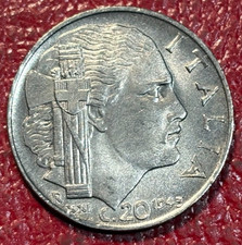 HIGH GRADE AU+ 1943 ITALY 20 CENTESIMI COINS-MAGNETIC-WORLD WAR II-FEB434