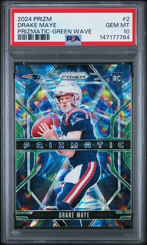 147177764 Drake Maye 2024 Panini Prizm #2 Green Wave Prizmatic Rookie RC PSA 10