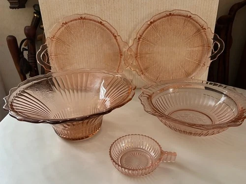 5 pcs Vintage Pink Depression Glass Bowls Platters