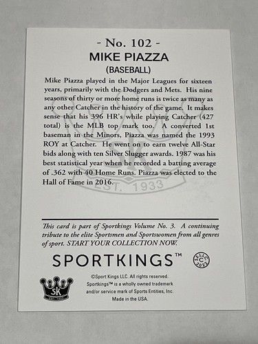 2022 Sportkings Volume 3 Multisport #102 - Mike Piazza - Los Angeles Dodgers - Picture 2 of 2