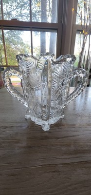 Antique Higbee Paneled Thistle Double Handled Celery Vase c1910 Pressed Glass