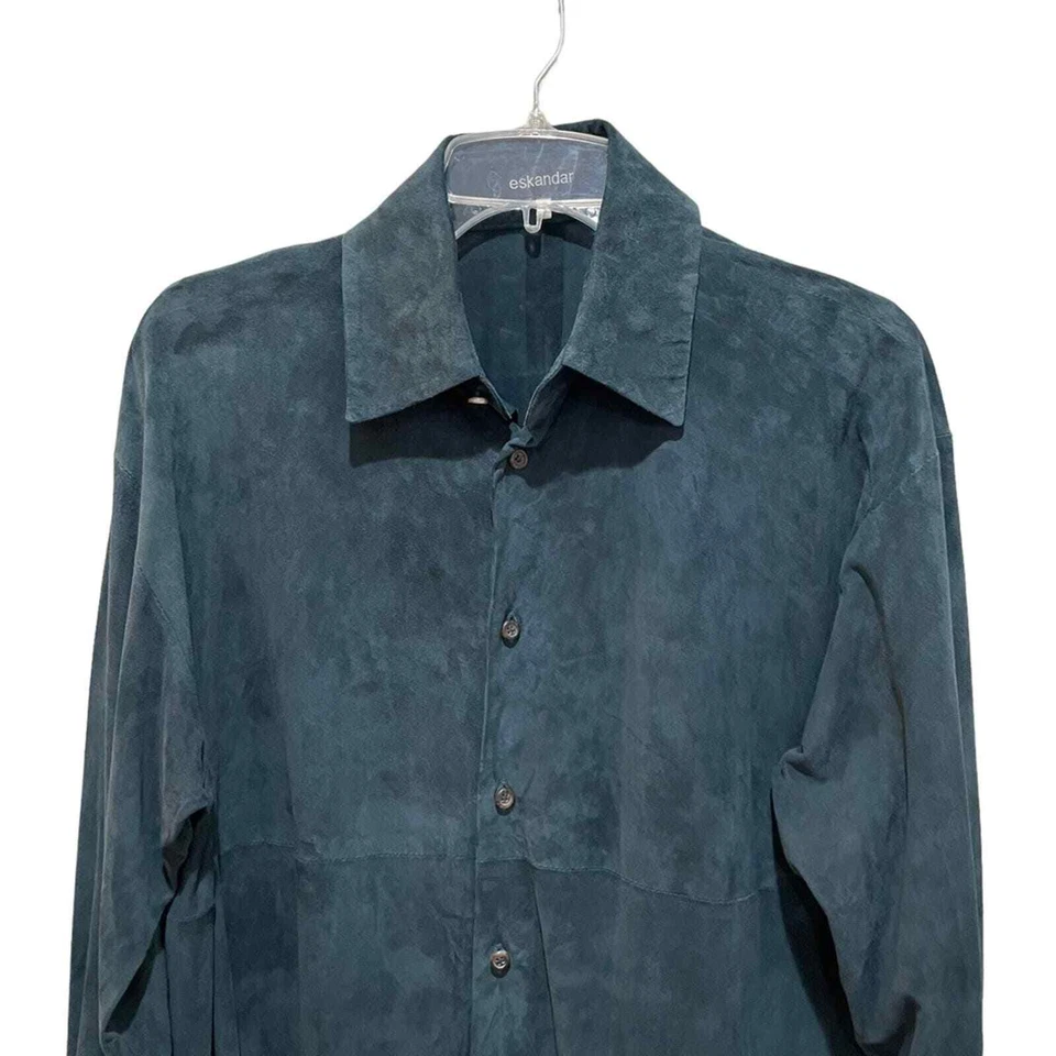 Eskandar Leather Shirt Jacket Shacket Green Blue Size 1 Women’s Large - Image 3 of 4