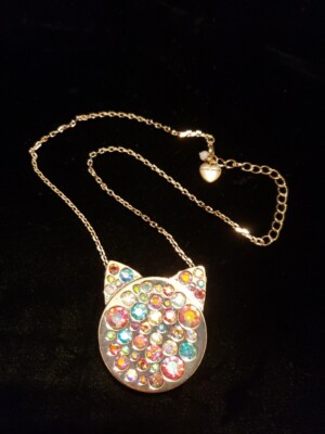 BETSEY JOHNSON JUST KITTEN AROUND PAVE CAT PENDANT MULTI COLORED