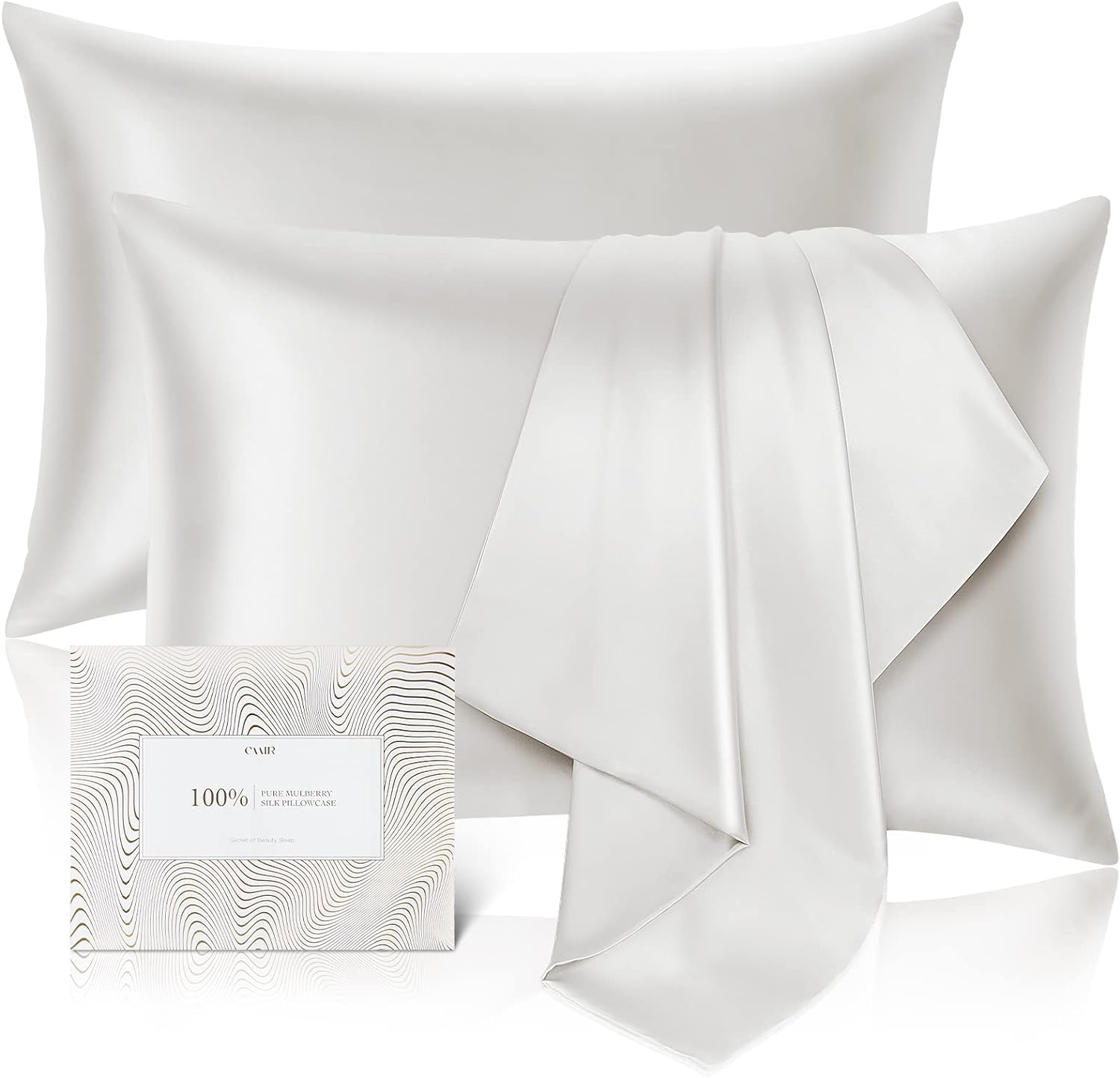 100% Pure Mulberry Silk Pillowcase, 600 Thread Count, 2Pc, Standard Size, White