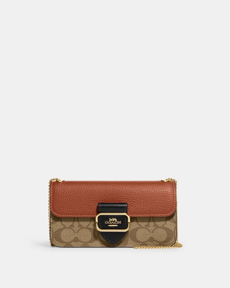 COACH MORGAN Chain Crossbody Khaki Signature Canvas Brown Leather CF475 NWT