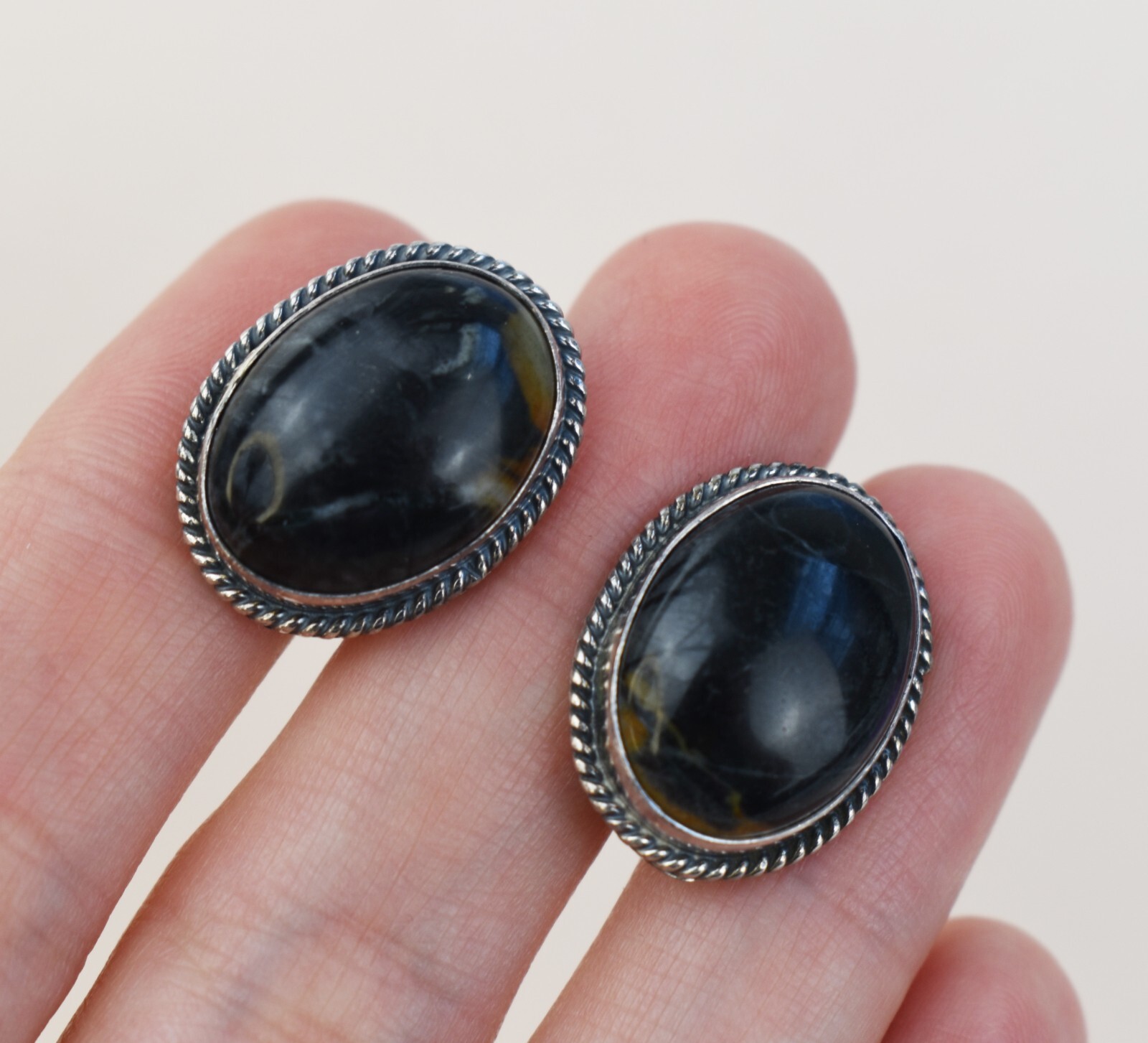 Large jasper earrings stud, statement black oval … - image 4
