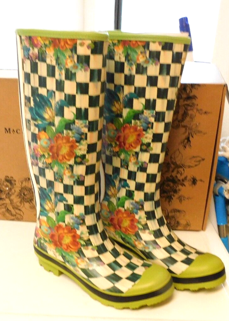 MACKENZIE-CHILDS COURTLY CHECK WITH FLOWER MARKET RAIN BOOTS