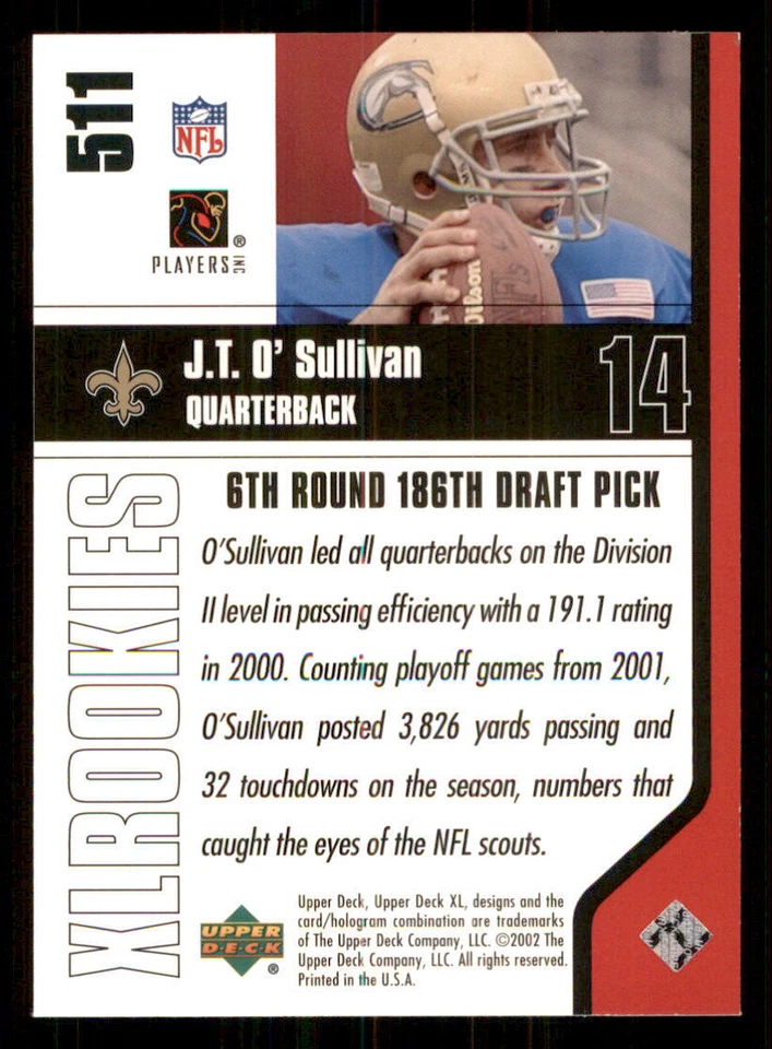 2002 Upper Deck XL #511 J.T. O'Sullivan RC - Image 2 of 2