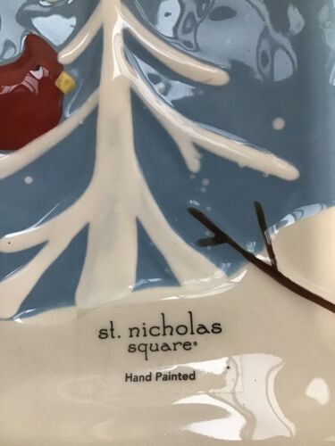 St Nicholas Square Let It Snow Holiday Serving Plate Blue White Snowman 9 Inch - Picture 2 of 4