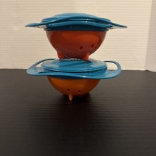 2 Baby Toddler Feeding Gyro Bowls Blue Orange 360 degree Rotate Kids Spill-Proof