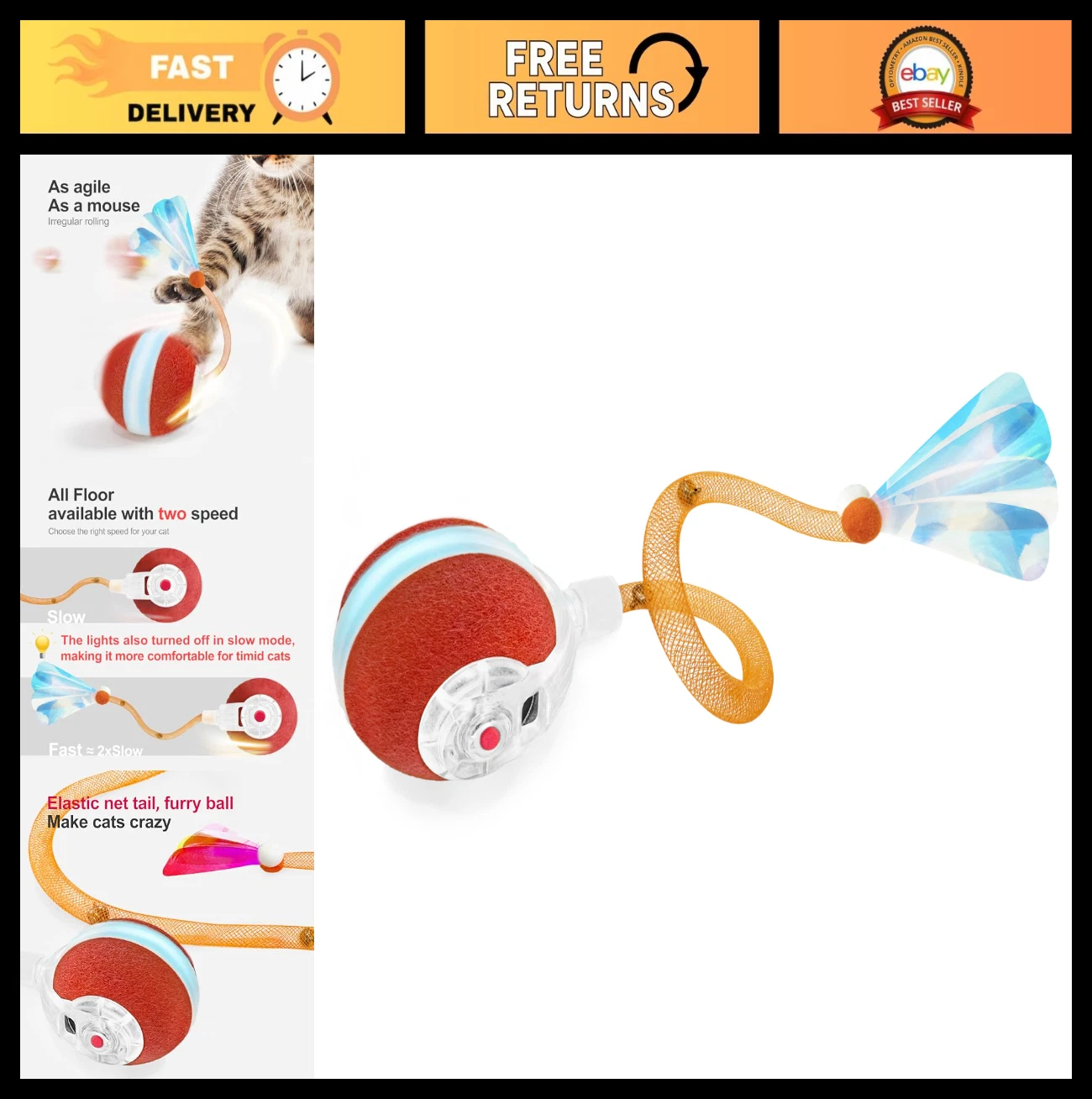 Interactive Cat Toy - 3rd Gen Agile Moving Ball with Elastic Tail, Automatic, Mo