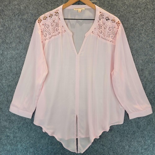 Grand & Greene Bluse Damen XL rosa Spitze Häkel Schulter transparent Boho Viskose Top