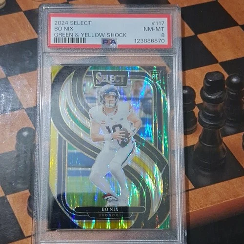 Panini Select 2024 Premier Bo Nix #117 Green & Yellow Shock PSA 8 Rookie Broncos