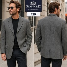 Stafford Mens 42R Lambswool Blazer Grey Herringbone Sport Coat 3 Button 06400-6