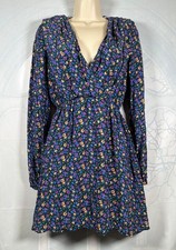 Zara black, blue & pink floral long-sleeve flared vintage-look tea dress, size S