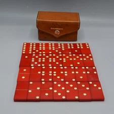Vintage Red  Dominoes Set (28) w/ Leather Case
