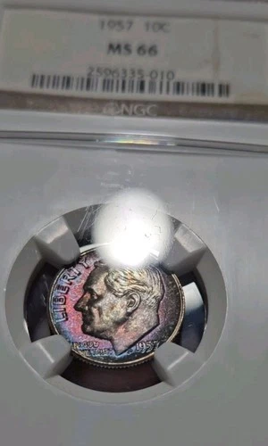 1957 TONED Roosevelt Dime NGC MS 66 SEE VIDEO Toning Silver Coin 10C