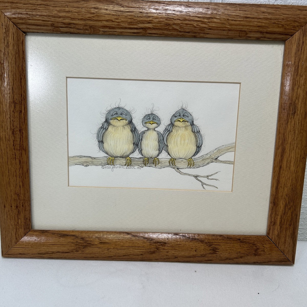 Kelli Johnson Sabin 1991 Signed Pencil Sketch 3 Birds On A Branch