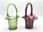 Vtg Fenton Art Glass Amethyst Purple Green Butterfly & Berry Baskets Set of 2