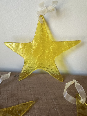 Five Point Textured Yellow Glass Star Ornaments Set Of Six 6 