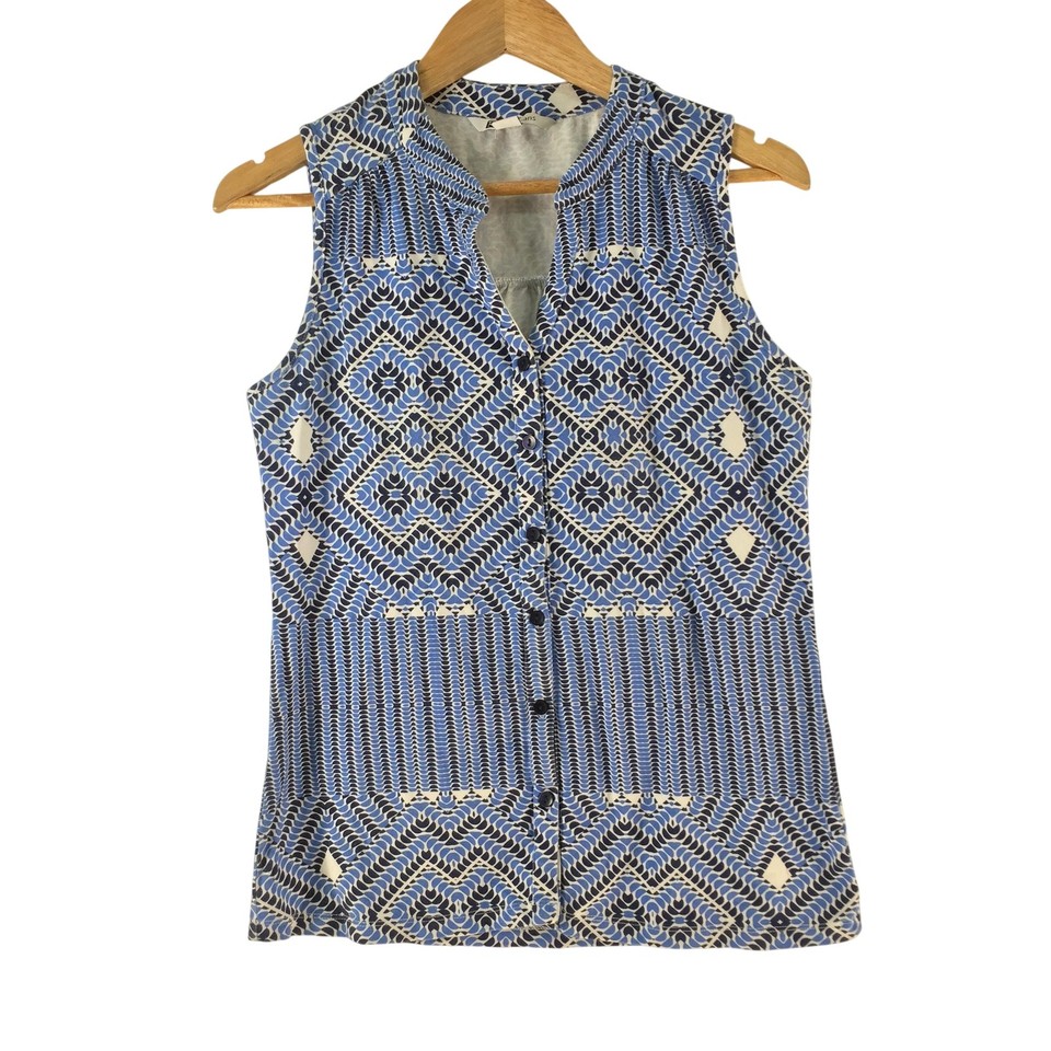 Rockmans Button Up Shirt Womens XS Blue Geometric V Neck Sleeveless 138748