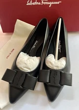 SALVATORE FERRAGAMO Viva Napa Bow Ballet Flats Napa Leather Shoes Black US 7 C
