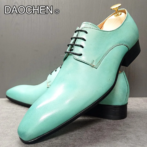 SAOLA Men's Pu Leather Shoes Light Green Lace up Pointed Dress Office Business Shoes