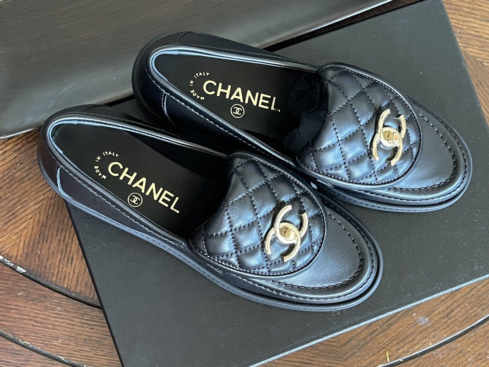 size 38.5EU NIB CHANEL Black Quilted Flap Turnlock Gold CC Logo Loafer  Receipt