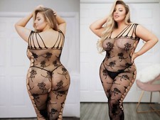 Roses Black Fishnet Bodystocking Queen Plus Size Criss Cross Crotchless Lingerie