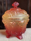 Vintage Jeanette Glass Amberina Carnival Glass Footed Candy Bowl Lid Grapes 5"