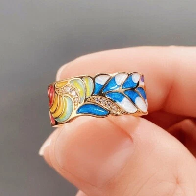Luxus Damen Ring vergoldet Tropföl blau und weiß Porzellan Muster Hip-Hop-Ring - Bild 1 von 4