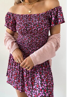 Lulus SUCH A DARLING Pink Floral Smocked Off The Shoulder Rayon Dress Size Small