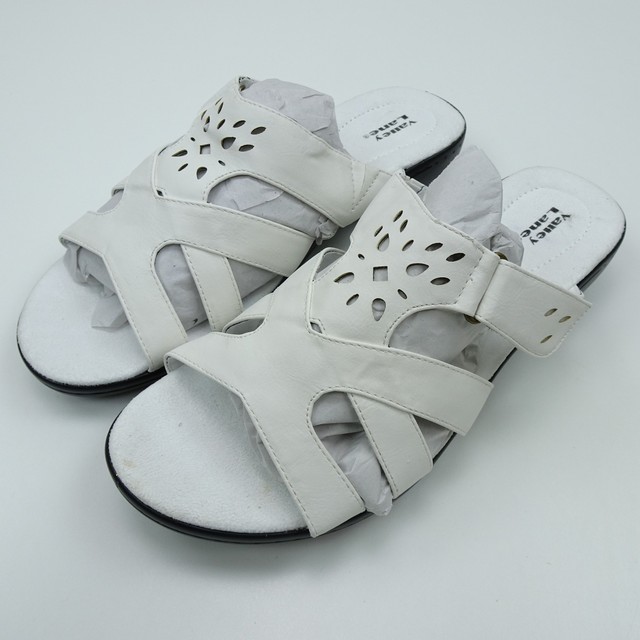 Valley Lane Women's Strappy Slides Shoes Flats White Leather Cushy Insoles 9M | eBay
