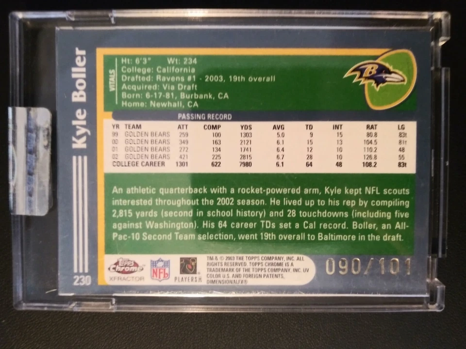 2003 Kyle Boller Topps Chrome #230 Rookie Xfractor 090 /101 Embossed - Image 4 of 4