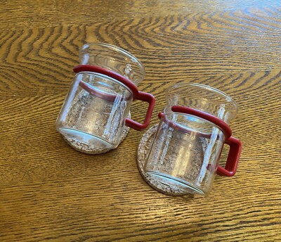 vintage BODUM Carsten Jorgensen D Ring Handle Glass Bistro Mugs - Red - set of 2