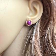 14K Solid Real Yellow Gold Oval Pink Star CZ Stud Earrings - E47