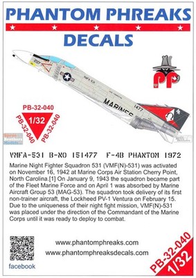 PPD32040 1:32 Phantom Phreaks Decals - F-4B Phantom II VMFA-531 1972